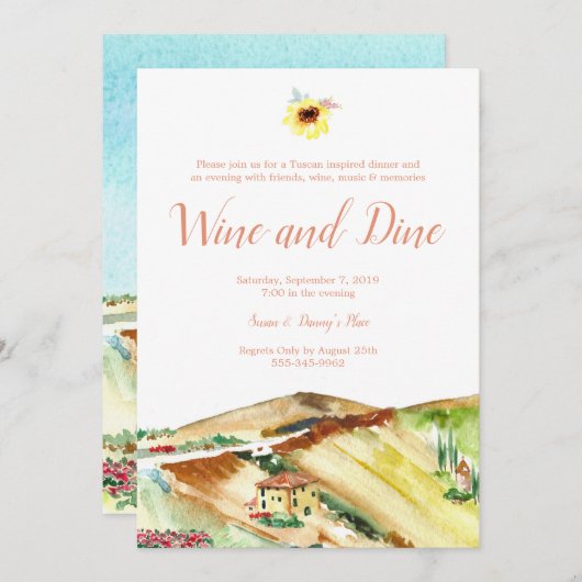 タスカニーのワインによっては夕食のパーティの招待状が食事し、 招待状 (正面/裏面)