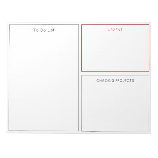 タスクリスト、緊急リスト、プロジェクトセクション付き ノートパッド (正面)