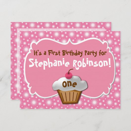 タステイ霜のカップケーキファースト誕生日 招待状 (正面/裏面)
