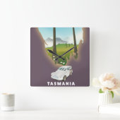 タスマニア図解入りの、写真付きの地図の旅行ポスター。 スクエア壁時計 (ホーム)