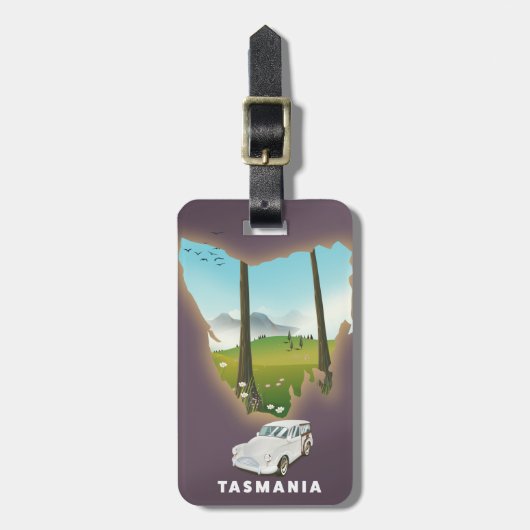 タスマニア図解入りの、写真付きの地図の旅行ポスター。 ラゲッジタグ (正面縦)