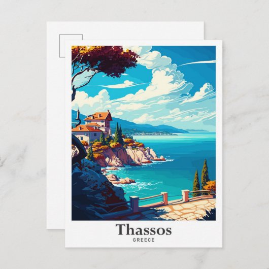 タソスギリシャ美術ヴィンテージトラベルイラストレーション ポストカード (正面/裏面)