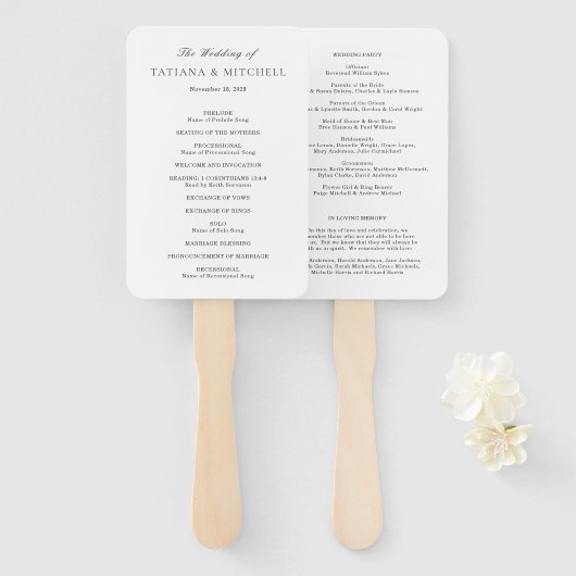 タチアナクラシックエレガントな結婚式プログラム ハンドファン (正面&裏面)
