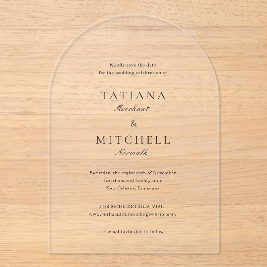 タチアナクラシックンエレガントな結婚式の日付を保存 アクリル招待状 (正面)