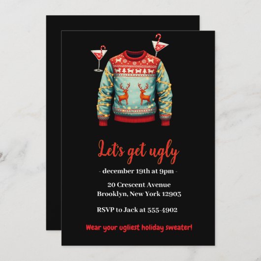 タックおもしろいな醜いセーターのクリスマスパーティー 招待状 (正面/裏面)