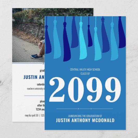 タッセルの青い列 フォト 卒業式 招待状 (正面/裏面)