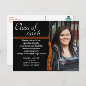 タッセルオレンジ&ブラック卒業パーティー インビテーションポストカード (正面/裏面)