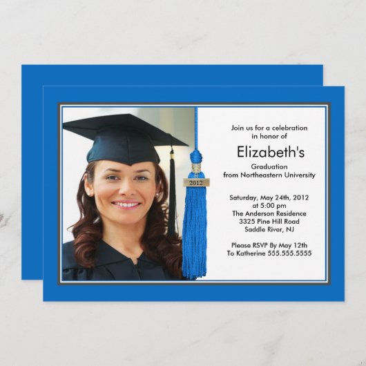 タッセルフォト卒業招待状青&白 招待状 (正面/裏面)