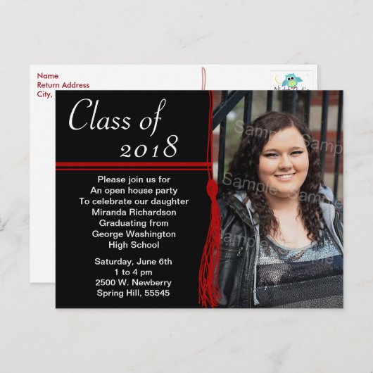 タッセルレッド&ブラック卒業パーティー発表 インビテーションポストカード (正面/裏面)