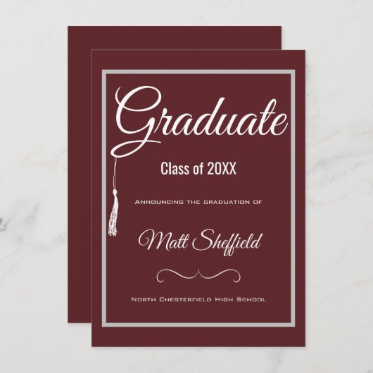 タッセル卒業発表グレーとマルーン 案内状 (正面/裏面)
