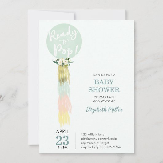 タッセル赤ちゃんシャワー招待付きブルーバルーン 招待状 (正面)