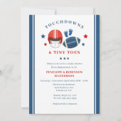 タッチダウンと小さな足の指、サッカーの赤ちゃんシャワー 招待状 (正面)