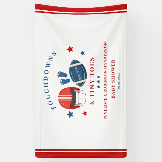 タッチダウンと小さな足の指、サッカーの赤ちゃんシャワー 横断幕 (縦)