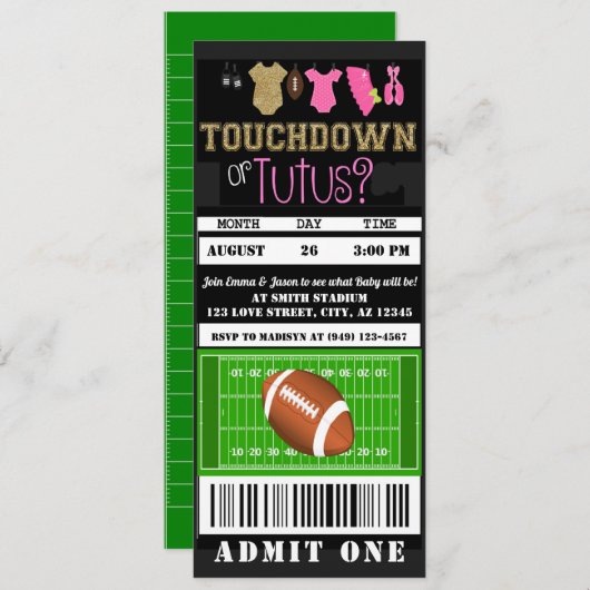 タッチダウンまたはトゥータスサッカーチケットジェンダーの表示 招待状 (正面/裏面)
