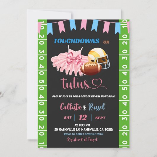 タッチダウンまたはTutusジェンダーの表示 招待状 (正面)