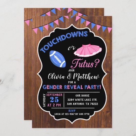 タッチダウンまたはTutus性別によるパーティーの表示 招待状 (正面/裏面)