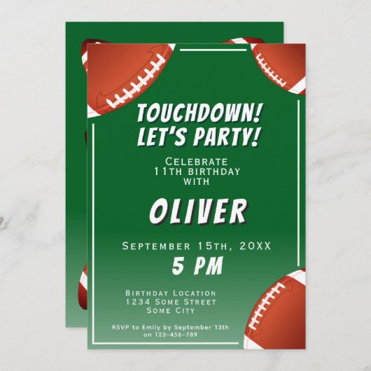 タッチダウンアメリカンサッカーボールスポーツ誕生日 招待状 (正面/裏面)