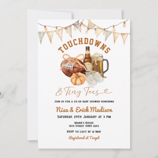 タッチダウン小さな足指サッカーカップル赤ちゃんシャワー 招待状 (正面)
