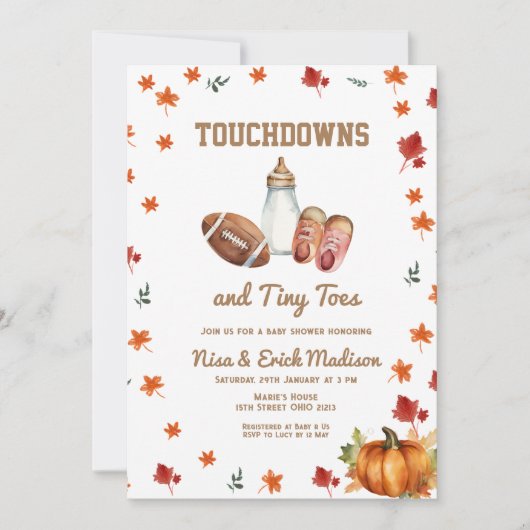 タッチダウン小さな足指サッカーカップル赤ちゃんシャワー 招待状 (正面)