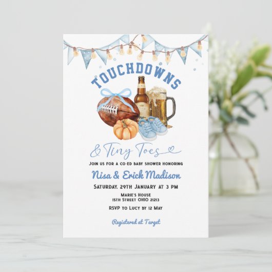 タッチダウン小さな足指サッカーカップル赤ちゃんシャワー 招待状 (スタンド正面)