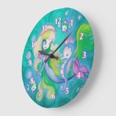 タツノオトシゴおよび魚を持つ人魚 ラージ壁時計 (傾斜)