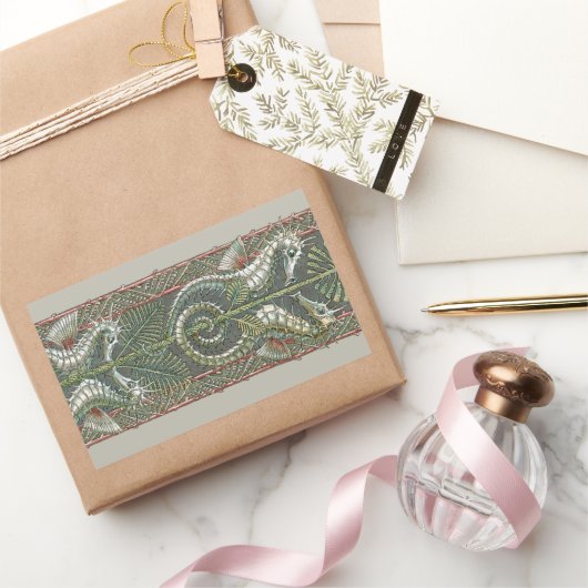 タツノオトシゴと海藻、ヴィンテージ アールヌーヴォー 長方形シール (ギフト)