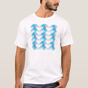 タツノオトシゴと青い波の模様 Tシャツ