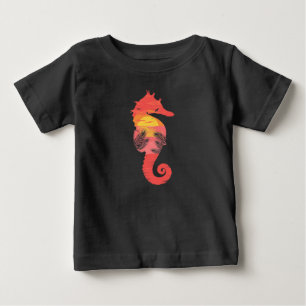 タツノオトシゴのシルエット 熱帯の海 日没 ベビーTシャツ