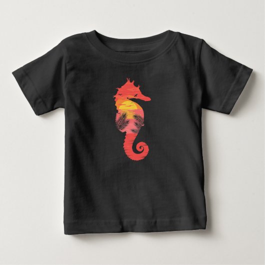 タツノオトシゴのシルエット 熱帯の海 日没 ベビーTシャツ (正面)