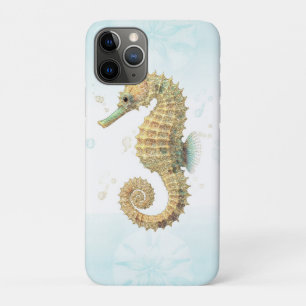 タツノオトシゴのターコイズブルーとゴールドの水彩画 海辺のリゾートビーチ iPhone 11 PROケース