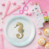 タツノオトシゴのターコイズ＆ゴールドの水彩画　海岸　ビーチ ペーパープレート (パーティー)