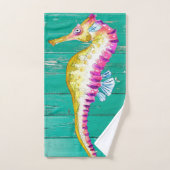 タツノオトシゴのティール（緑がかった色）木 バスタオルセット (ハンドタオル)