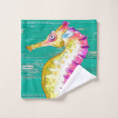 タツノオトシゴのティール（緑がかった色）木 バスタオルセット (ウォッシュタオル)