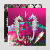 タツノオトシゴのビーチウェディングモノグラム ピンクブラック 招待状 (正面/裏面)