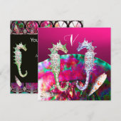 タツノオトシゴのビーチウェディングモノグラム ピンク ブラック 招待状 (正面/裏面)