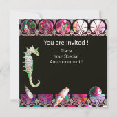 タツノオトシゴのビーチウェディングモノグラム ピンク ブラック 招待状 (裏面)