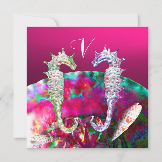 タツノオトシゴのビーチウェディングモノグラム ピンク ブラック 招待状 (正面)