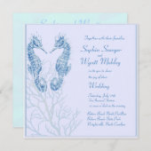 タツノオトシゴのビーチ結婚式の青招待 招待状 (正面/裏面)