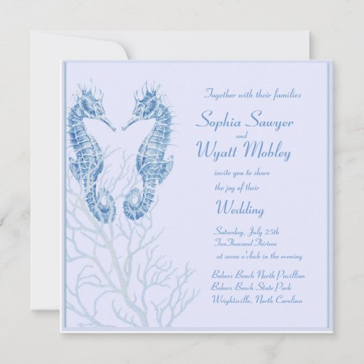 タツノオトシゴのビーチ結婚式の青招待 招待状 (正面)