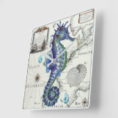 タツノオトシゴの地図のヴィンテージの青 スクエア壁時計 (傾斜)