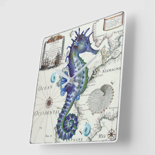 タツノオトシゴの地図のヴィンテージの青 スクエア壁時計 (傾斜)