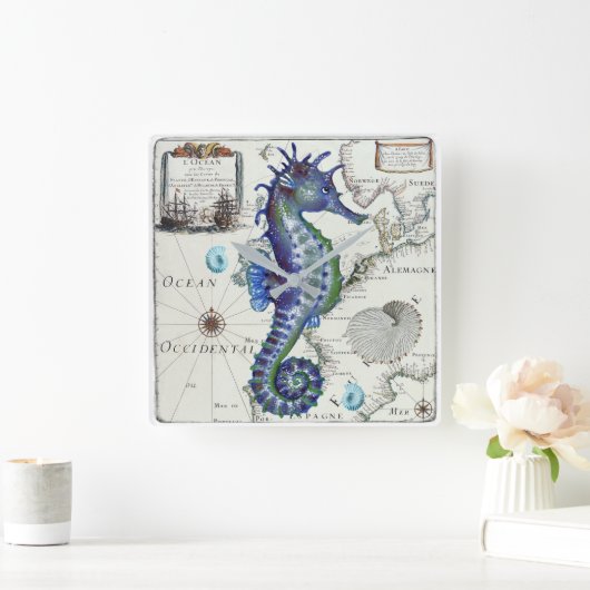 タツノオトシゴの地図のヴィンテージの青 スクエア壁時計 (ホーム)