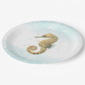タツノオトシゴの水彩画　ターコイズブルーとゴールド　海岸 ペーパープレート (アングル)