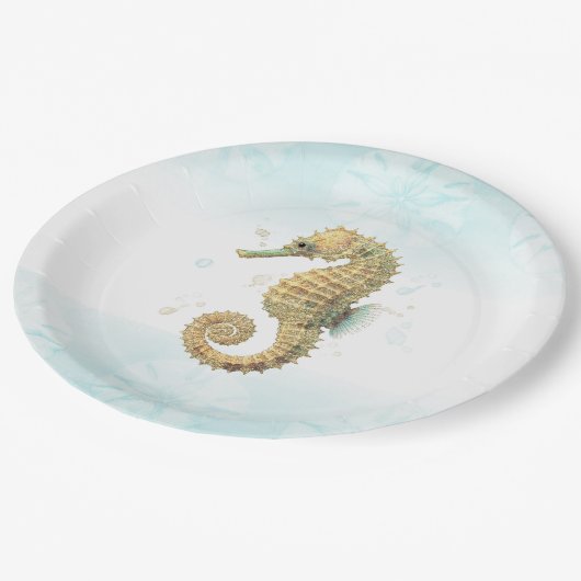 タツノオトシゴの水彩画　ターコイズブルーとゴールド　海岸 ペーパープレート (アングル)