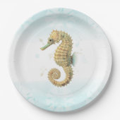 タツノオトシゴの水彩画　ターコイズブルーとゴールド　海岸 ペーパープレート (正面)