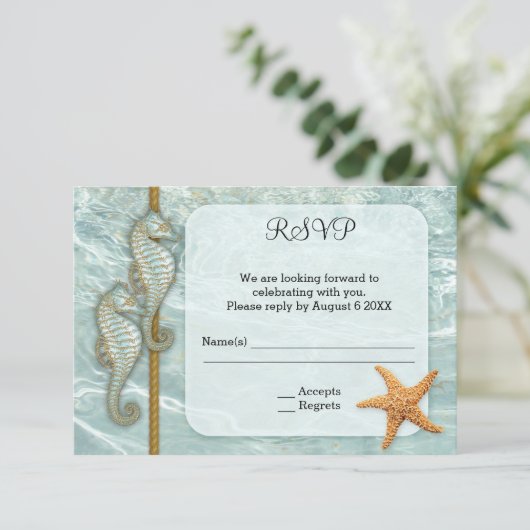 タツノオトシゴの海洋ウェディング 返信ハガキ 出欠カード (スタンド正面)