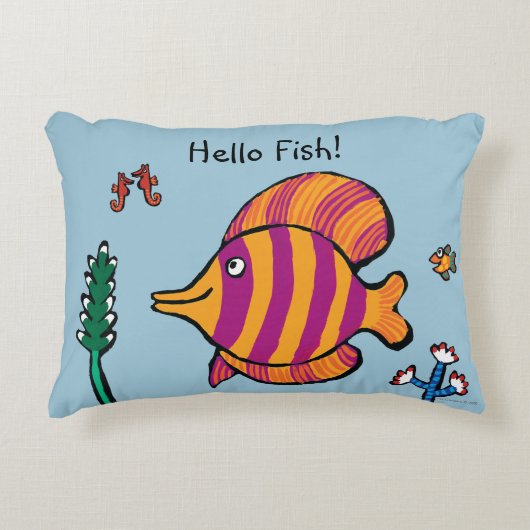 タツノオトシゴを持つオレンジおよび紫色の熱帯魚 アクセントクッション (正面)