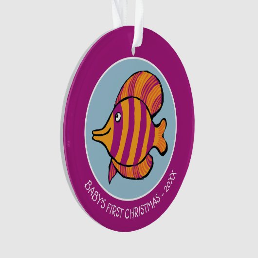 タツノオトシゴを持つオレンジおよび紫色の熱帯魚 オーナメント (正面)