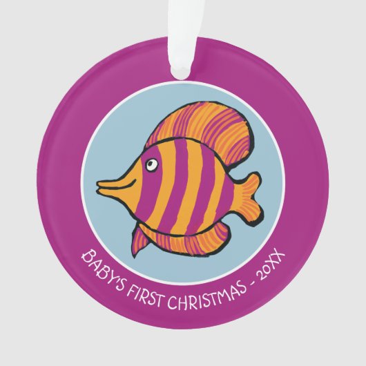 タツノオトシゴを持つオレンジおよび紫色の熱帯魚 オーナメント (正面)