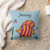 タツノオトシゴを持つオレンジおよび紫色の熱帯魚 クッション (ブランケット)